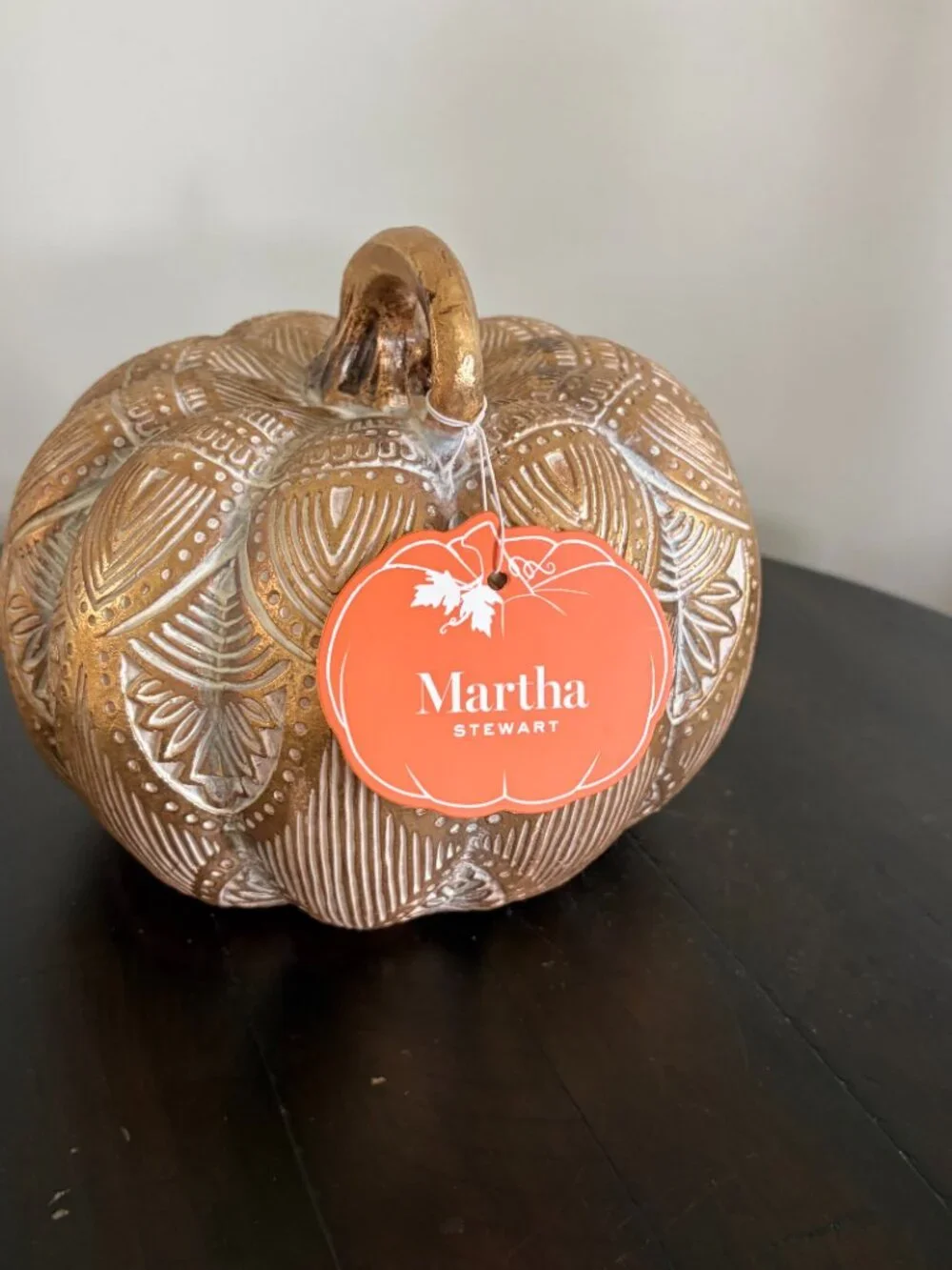 Martha Stewart Ornate Faux-Wood/Resin Pumpkin Autumn decor metallic carved gold